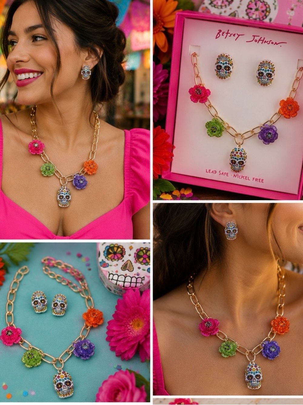 Betsey Johnson | Día de los Muertos Floral Necklace & Sugar Skull Stud Earrings